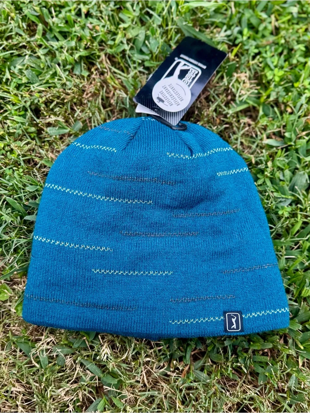 PGA Tour Teal Blue Knit Beanie with White Accent Stitches